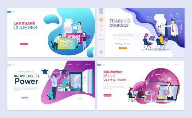 Set of landing page template for education, consulting, training, language courses. Set of landing page template for education, consulting, training, language courses. Modern vector illustration flat concepts decorated people character for website and mobile website development. landing page stock illustrations