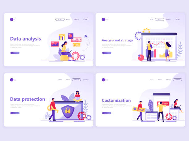 Set of Landing page templates. Data analysis, strategy, protection, customization. Flat vector illustration concepts for a web page or website. Set of Landing page templates. Data analysis, strategy, protection, customization. Flat vector illustration concepts for a web page or website. customized stock illustrations