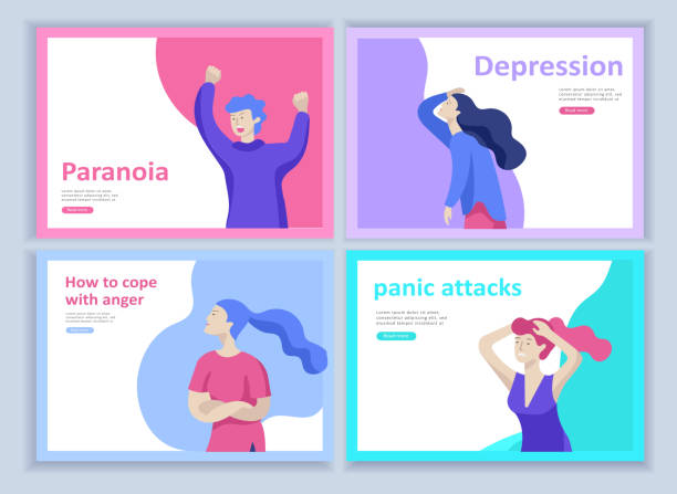 Set of Landing page templates for psyhology mental problems, depression panic attacks, paranoia anger control, relationship family conflict, stress and misunderstanding, group psychotherapy Set of Landing page templates for psyhology mental problems, depression panic attacks, paranoia anger control, relationship family conflict, stress and misunderstanding, group psychotherapy character divorce backgrounds stock illustrations