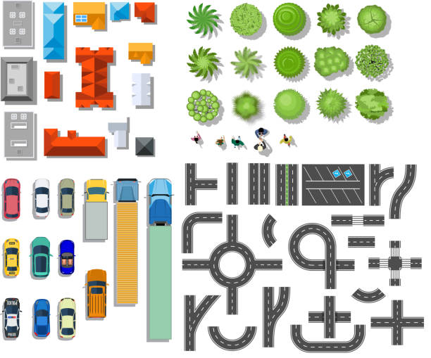 Set of landscape elements. Set of landscape elements. Houses, architectural elements, plants. Top view. Road, cars, people, houses trees Vector illustration in flat style aerial view stock illustrations
