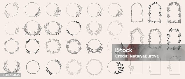 istock Set of laurels frames branches. Vintage laurel wreaths collection. Floral wreaths with leaves, berries. Decorative elements for design. Doodle vector illustration plants. Isolated on white background. 1340215836