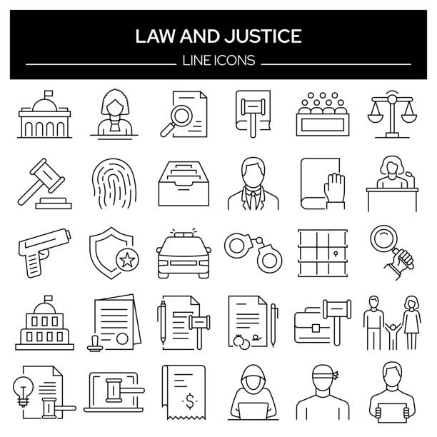 zestaw ikon pokrewnych prawa i sprawiedliwości. kolekcja symboli konspektu, edytowalny obrys - gun violence stock illustrations