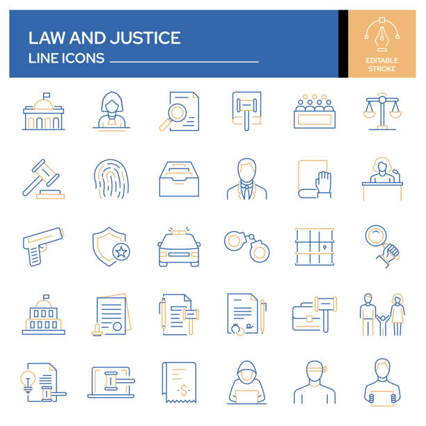 hukuk ve adaletle i̇lgili satır simgeleri seti. anahat sembol koleksiyonu, düzenlenebilir kontur - gun violence stock illustrations