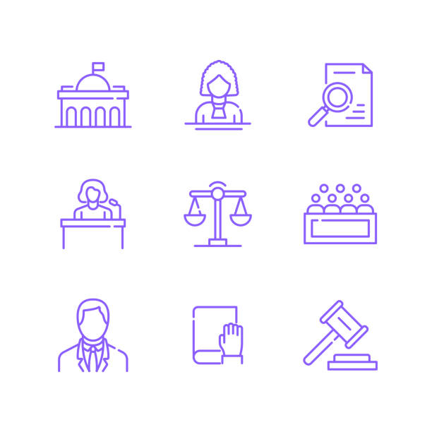 set of law and justice related line icons. outline symbol collection, editable stroke - gun violence 幅插畫檔、美工圖案、卡通及圖標
