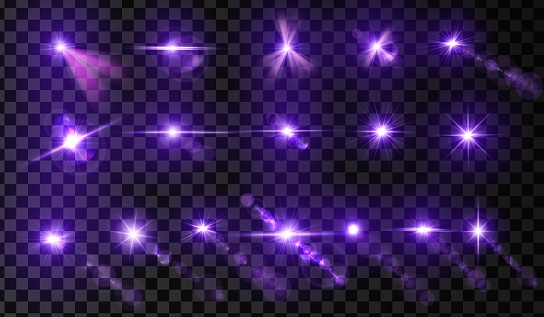 Set of lens flare. Light glow effect. Purple sparkle and glare object. Isolated vector illustration on transparent background.