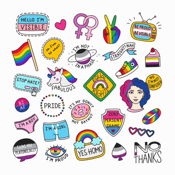 Set of LGBT symbols in cartoon style Set of LGBT symbols in cartoon style. Collection of isolated patches and cute badges. LGBT pride concept with motivational phrases. Great for stickers, badges, embroidery. lgbtq stock illustrations
