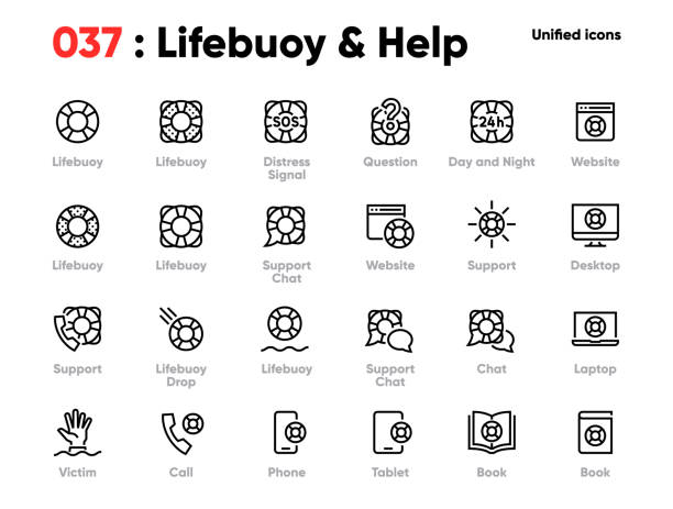 Set of Lifebuoy and Help Line Unified Icons. Includes Help, Chat, Hand, Call and other. Editable Stroke. Set of Lifebuoy and Help Line Unified Icons. Includes Help, Chat, Hand, Call and other. Pixel Perfect. Editable Stroke. life belt stock illustrations