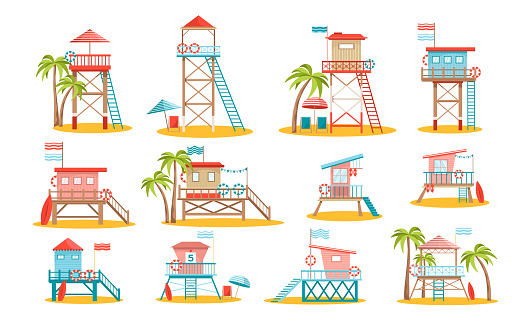 Set of Lifeguard Station Towers, Rescue Beach Watchtower Buildings with Ladder, Flag and Lifebuoy on Sandy Ocean Tropical Shore with Palms Isolated on White Background. Cartoon Vector Illustration