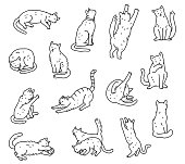 istock Set of line cats in different poses. Not pedigreed pets outline doodle black white isolated vector illustration. 1346495529