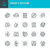 Ecology & Recycling - set of line vector icons. Editable stroke. Pixel Perfect. Set contains such icons as Climate Change, Ozone Layer, Biofuel, Alternative Energy, Recycling, Green Technology, Organic.