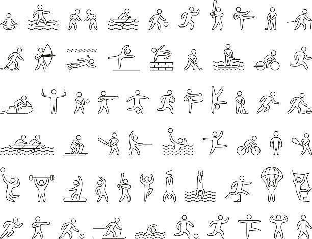 stockillustraties, clipart, cartoons en iconen met set of linear shapes popular sports athletes. vector icons. - curling