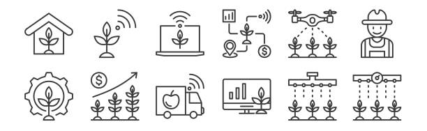 12 set of linear smart farm icons. thin outline icons such as watering plants, monitor, plants, drone, smart farm, plant for web, mobile. 12 set of linear smart farm icons. thin outline icons such as watering plants, monitor, plants, drone, smart farm, plant for web, mobile drone icons stock illustrations