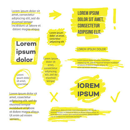 A set of lines or strokes and shapes, marks and spots, underlines and frames from the yellow marker or highlighter.