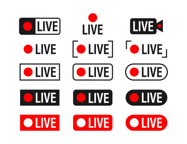 ilustrações de stock, clip art, desenhos animados e ícones de set of live streaming icons. broadcasting. red symbols and buttons of live stream, online stream. vector stock illustration. - energia