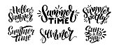 Set of logo text - hello summer, summer time, party, sun and fun. Typography for poster with hand drawn lettering isolated on white background. Vector illustration for postcard, banner, print.