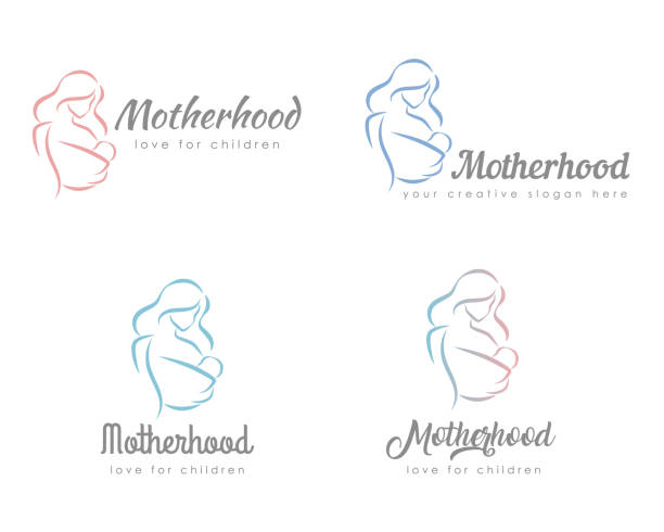 Set of logo with mother and baby in her hands and baby sling. Stylized outline symbol. Motherhood, love, mother care, woman, child. Silhouette, icon, logo, sign. Set of logo with mother and baby in her hands and baby sling. Stylized outline symbol. Motherhood, love, mother care, woman, child. Silhouette, icon, logo, sign. Vector illustration pregnant silhouettes stock illustrations