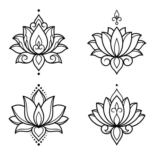 satz von lotus mehndi blumenmuster für henna zeichnung und tattoo. dekoration im orientalischen, indischen stil. doodle ornament. umriss hand zeichnen vektor-illustration. - lotusblume tattoo stock-grafiken, -clipart, -cartoons und -symbole