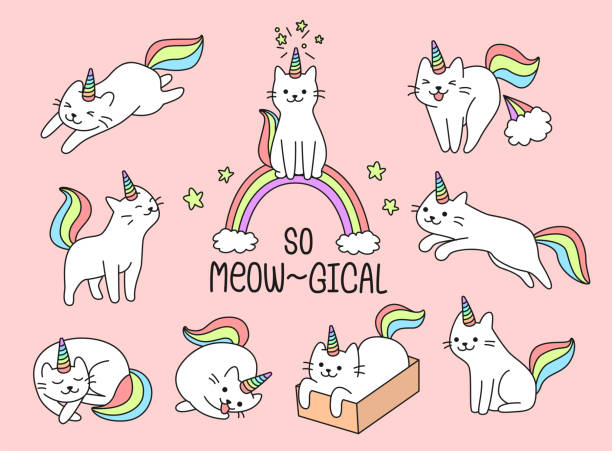 illustrations, cliparts, dessins animés et icônes de jeu de licorne belle chat - kawaii