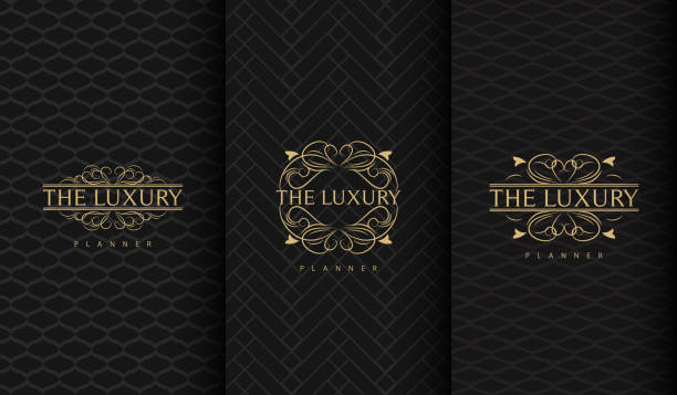 Set of luxury logo Set of packaging templates with design element ornament, label, logo. made with golden luxury flower on ornament background luxury borders stock illustrations