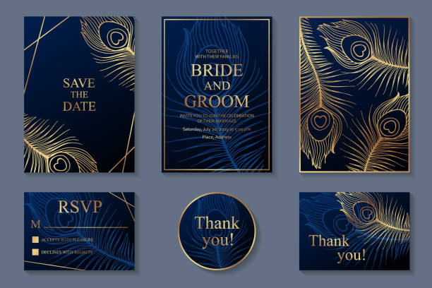 Set of luxury wedding invitation design, rsvp, thank you or greeting card templates. Set of six cards with golden peacock feathers on a navy blue background. peacock feather stock illustrations