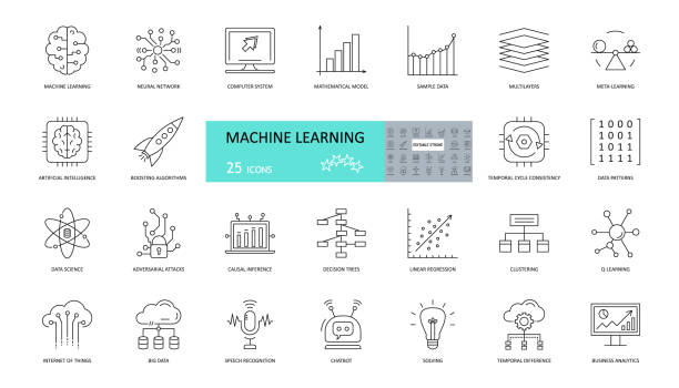 Set of machine learning icons. 25 editable stroke icons. Artificial intelligence, neural networks, mathematical model, patterns, chatbots, linear regression in data science and business analytics.  crumble stock illustrations