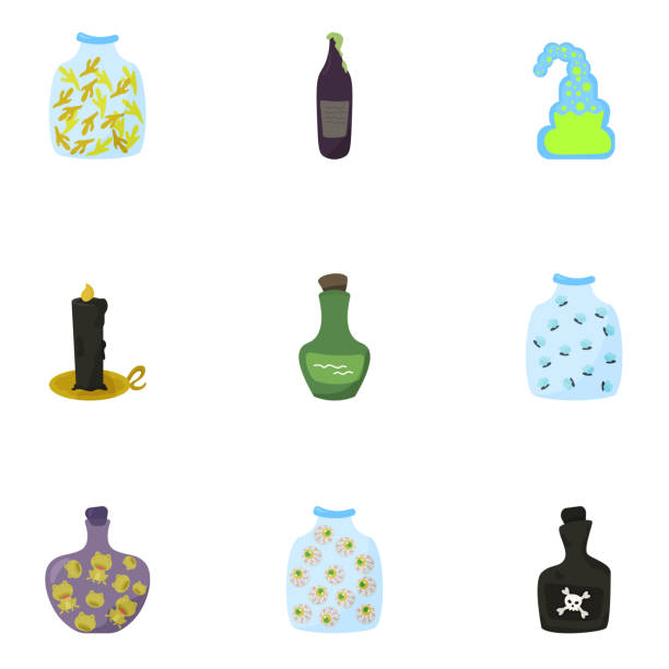 stockillustraties, clipart, cartoons en iconen met a set of magic potions. bottles with multi-colored liquid. jars with the witch s magic ingredients for a magic potion. poison, potion, elixir, fly agaric. design for halloween. - kikkerbillen