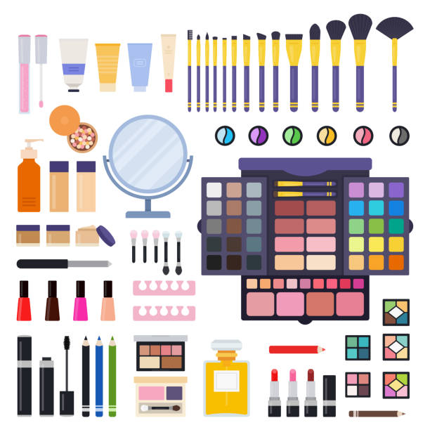 Set of Makeup kit icons flat vector Set of Makeup kit icons flat vector illustration nail polish bottle stock illustrations