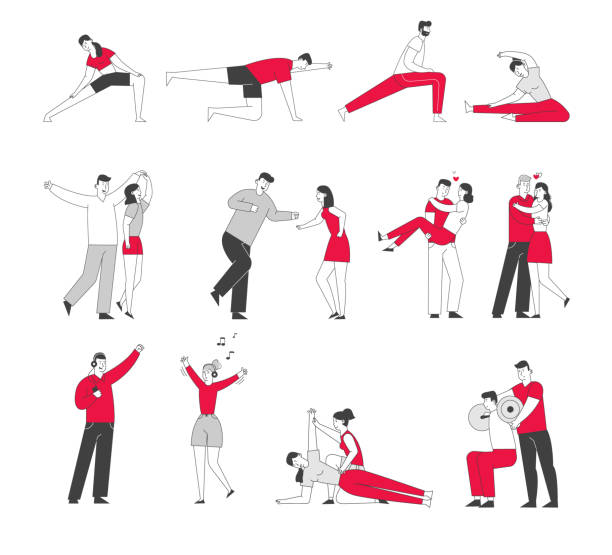 Set of Male and Female Characters Exercising in Gym, Doing Training Workout with Coach. Men and Women Listening Music and Dance, People Dating Isolated on White Background. Linear Vector Illustration Set of Male and Female Characters Exercising in Gym, Doing Training Workout with Coach. Men and Women Listening Music and Dance, People Dating Isolated on White Background. Linear Vector Illustration dancing clipart stock illustrations