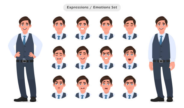 Set of male character's facial expressions. Collection of man with different emotions. Emoji with various face reactions. Human feelings concept illustration in vector cartoon style. Set of male character's facial expressions. Collection of man with different emotions. Emoji with various face reactions. Human feelings concept illustration in vector cartoon style. facial expression illustrations stock illustrations