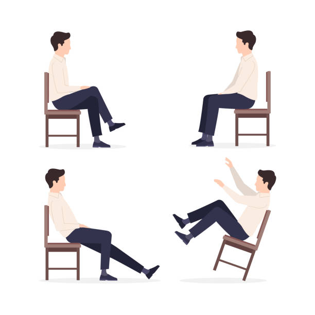 Set of man on chair Man sitting on a chair in different poses: relaxed, constrained posture, throwing his leg over his leg, falls. Vector illustration isolated on white background chair stock illustrations