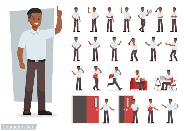set of man working in office and presentation in various action. set of man working in office and presentation in various action. characters stock illustrations