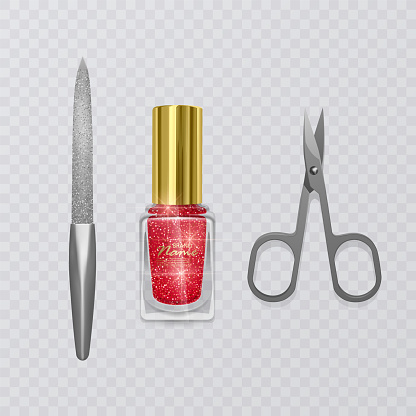 Set of manicure accessories, illustration of manicure scissors, red nail Polish and nail file, hand care