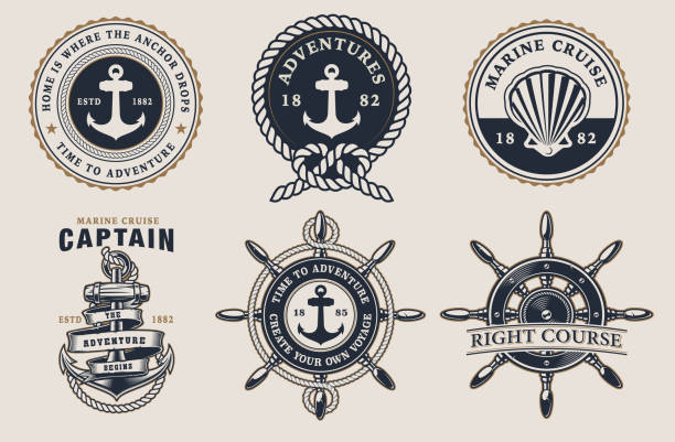 stockillustraties, clipart, cartoons en iconen met set van mariene badges op de lichte achtergrond - nautische stijl