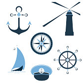 Set of marine objects wheel, captain cap, lighthouse, sailfish, compass ship anchor