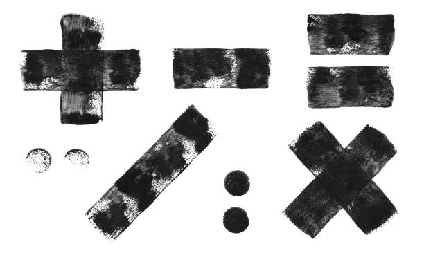 satz von mathematischen zeichen - abstrakte handgemalte vektor-illustration von wandrolle und schwarze farbe - einzelnes objekt isoliert auf weißem papier hintergrund mit fantastischen ursprünglichen textur-effekt voller unvollkommenheiten - plus minus stock-grafiken, -clipart, -cartoons und -symbole