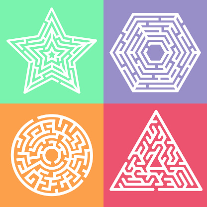 Set of maze labyrinth game for kids. Labyrinth logic conundrum in the shape of a hexagon, star, circle and triangle. One right way to go. Vector flat illustration