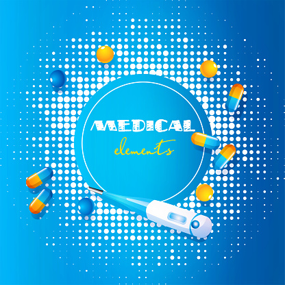 A set of medical elements on an abstract colored background.