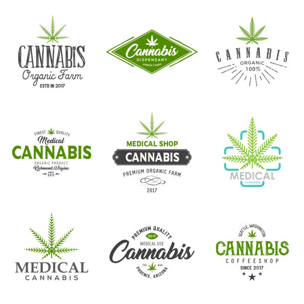 набор медицинских листьев марихуаны каннабиса , этикетки. - cannabis stock illustrations