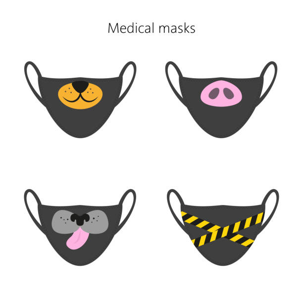 stockillustraties, clipart, cartoons en iconen met reeks medische maskers met verschillende beeldverhaalillustraties. - plakband mond