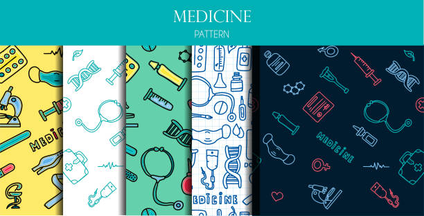 A set of medical seamless patterns. Medical doodle poster with medicines, test tubes and a thermometer. Big pharmacy set. Vector illustration card with hand-drawn pictures. A set of medical seamless patterns. Medical doodle poster with medicines, test tubes and a thermometer. Big pharmacy set. Vector illustration card with hand-drawn pictures. Picture with DNA, drops, stilts, antibiotic, microscope, hot water bottle, tweezers, ointment, syringe, blood transfusion, flasks. doctor patterns stock illustrations