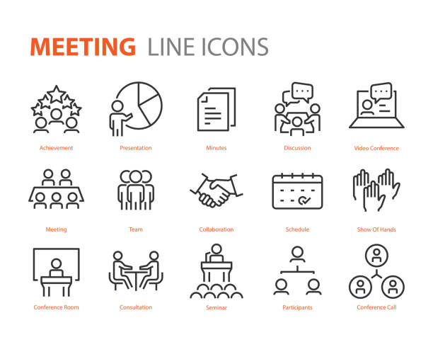 set of meeting icons, such as seminar, classroom, team, conference, work, classroom set of meeting icons, such as seminar, classroom, team, conference, work, classroom meeting icons stock illustrations