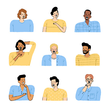 set of men laughing or smiling in various cloths action and color skin