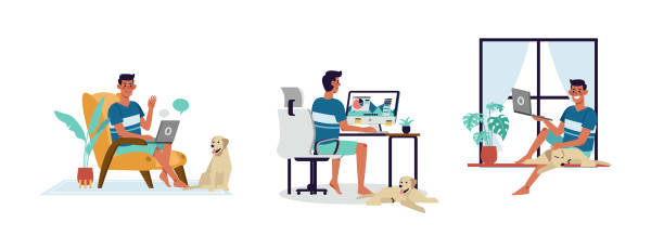 Set of men working at home. vector art illustration
