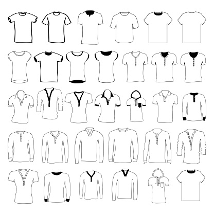 Set of men's and women's cardigans and wear. Hand drawing. Front. Different colors, vector illustration.