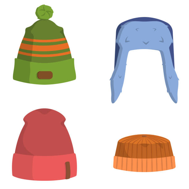 Set of men's hats. Set of men's hats. Winter clothes in cartoon style. knit hat stock illustrations