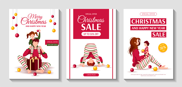 Set of Merry Christmas and Happy New Year flyers with people in similar clothes. Parents and children.