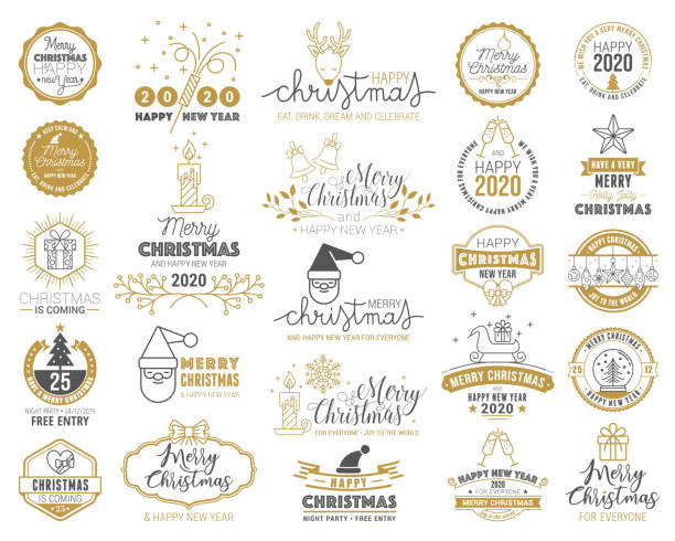 Set of Merry Christmas and Happy New Year stamp, sticker set with snowflakes, hanging christmas ball, santa hat, candy. stock illustration Set of Merry Christmas and Happy New Year stamp, sticker set with snowflakes, hanging christmas ball, santa hat, candy. stock illustration champagne icons stock illustrations