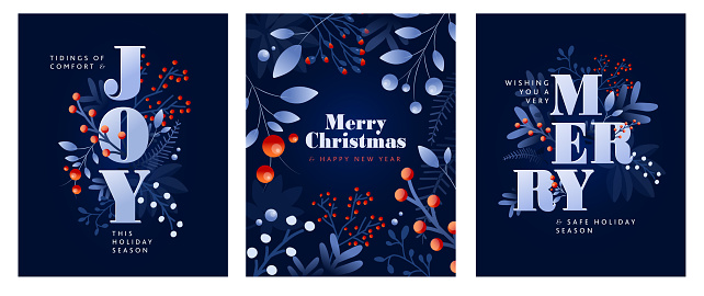 Set of Merry Christmas Greeting card design templates with hand drawn branches and florals