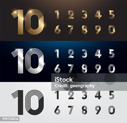 istock Set of metal number. Vector silver, gold and black numbers. 1, 2, 3, 4, 5, 6, 7, 8, 9, 10. alphabet typeface glowing text effect. vector illustration 919720816