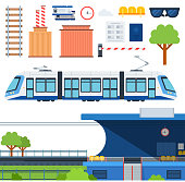 Set of Metro, Railway platform and Tram flat vector illustration on white.